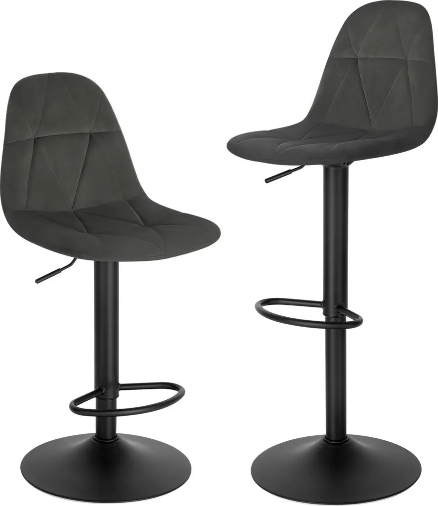 Chaise de Bar Haute en Velours Gris - Lot de 2 avec Dossier et Pivot