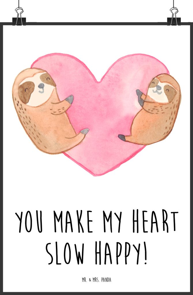 Mr. & Mrs. Panda Bild Faultiere Herz DIN A2 - Weiß - Geschenk, Hochzeitstag, wanddeko, für Frauen, drucke, Wandbild, Kunstdruck, Freundin, Valent...