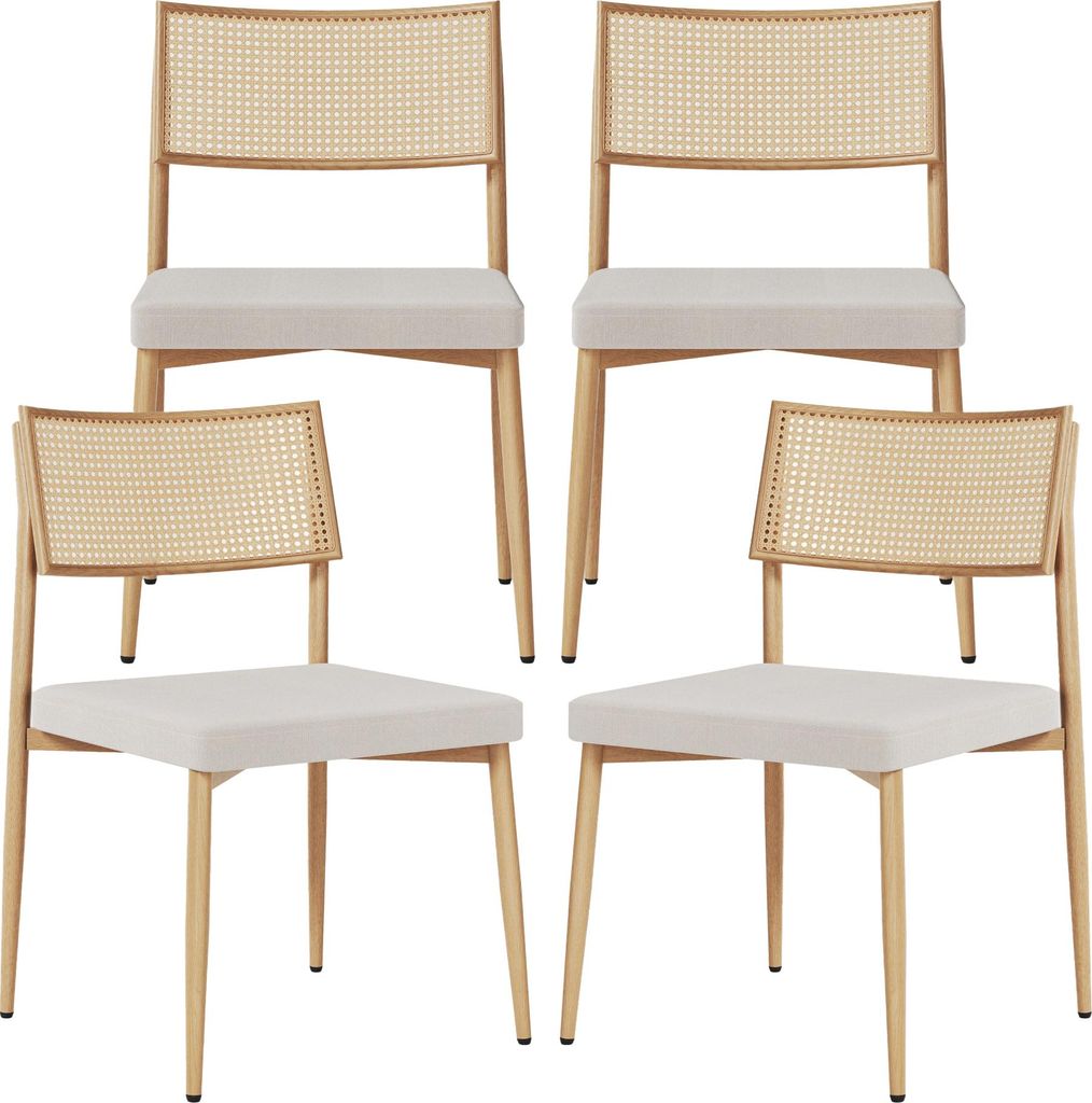 Esszimmerstuhl ’Jördfjok’ 4er Set Polsterstuhl mit Metallgestell Textilbezug Rattanoptik/Beige