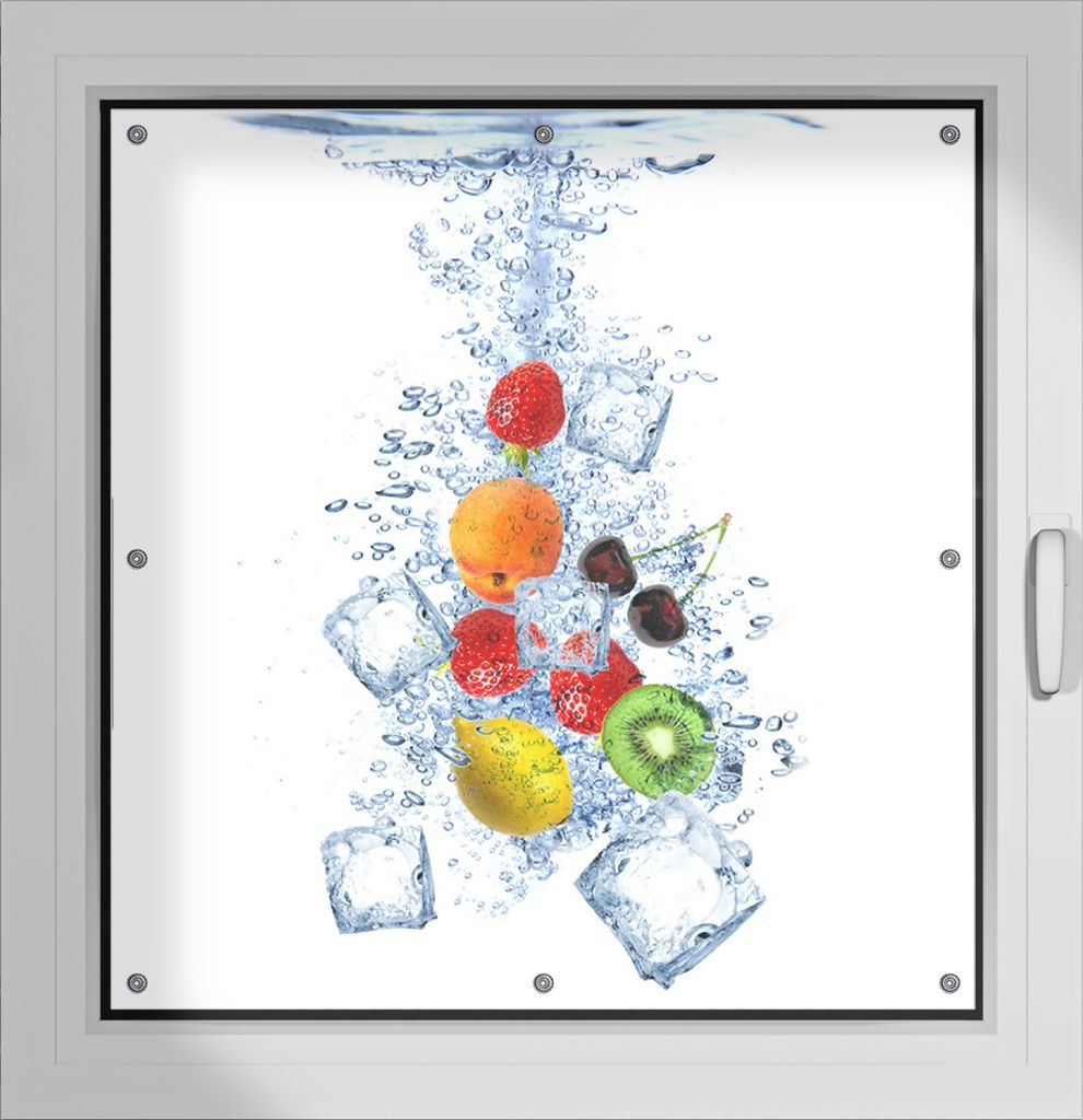 Wallario Lichtschutzbild, Dekorativer Sichtschutz Sonnenschutz 96 x 100 cm mit Motiv: Obst-Eiswürfel-Mix im Wasser mit weißem Hintergrund - Verdu...