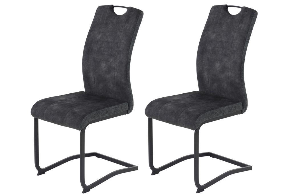 Hela Tische, 2er Set Esszimmerstuhl Freischwinger Riga, Bezug Velvet Anthrazit, Vierkant Metall Gestell Schwarz, Hochlehne mit Griff, 120kg belastbar