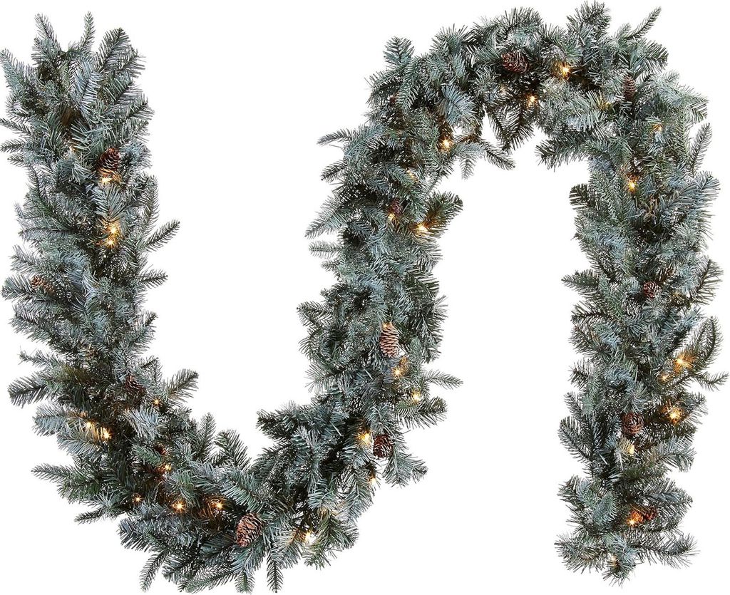 Beleuchtete künstliche Weihnachtsgirlande, Grün, Arktische Fichte, weiße Lichter, dekoriert mit Tannenzapfen, Stecker, Weihnachtskollektion, 9 Fuß
