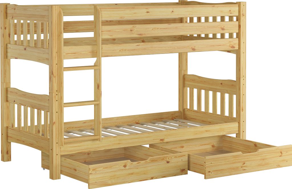 Etagenbett Kiefer Massivholzbett 90x200 Stockbett Hochbett Zubehör wählbar V-60.15-09Ni70 Rollrost und Doppelbettkasten inkl.