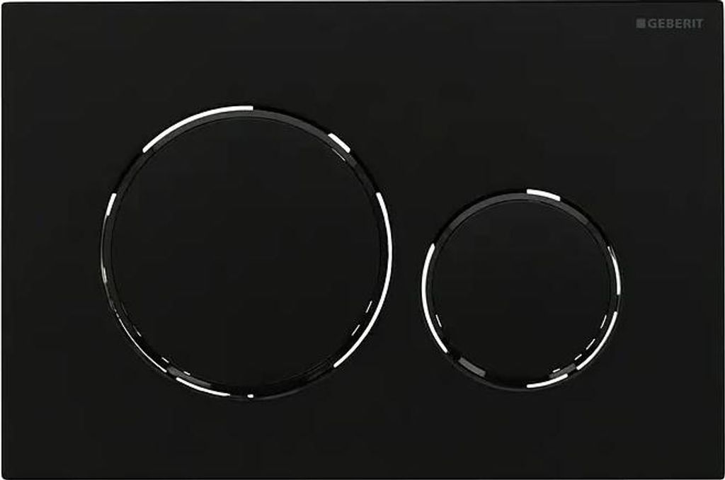 A black toilet flush plate with two circular buttons, one larger than the other, both outlined with white accents. The Geberit logo is visible in the top right corner.