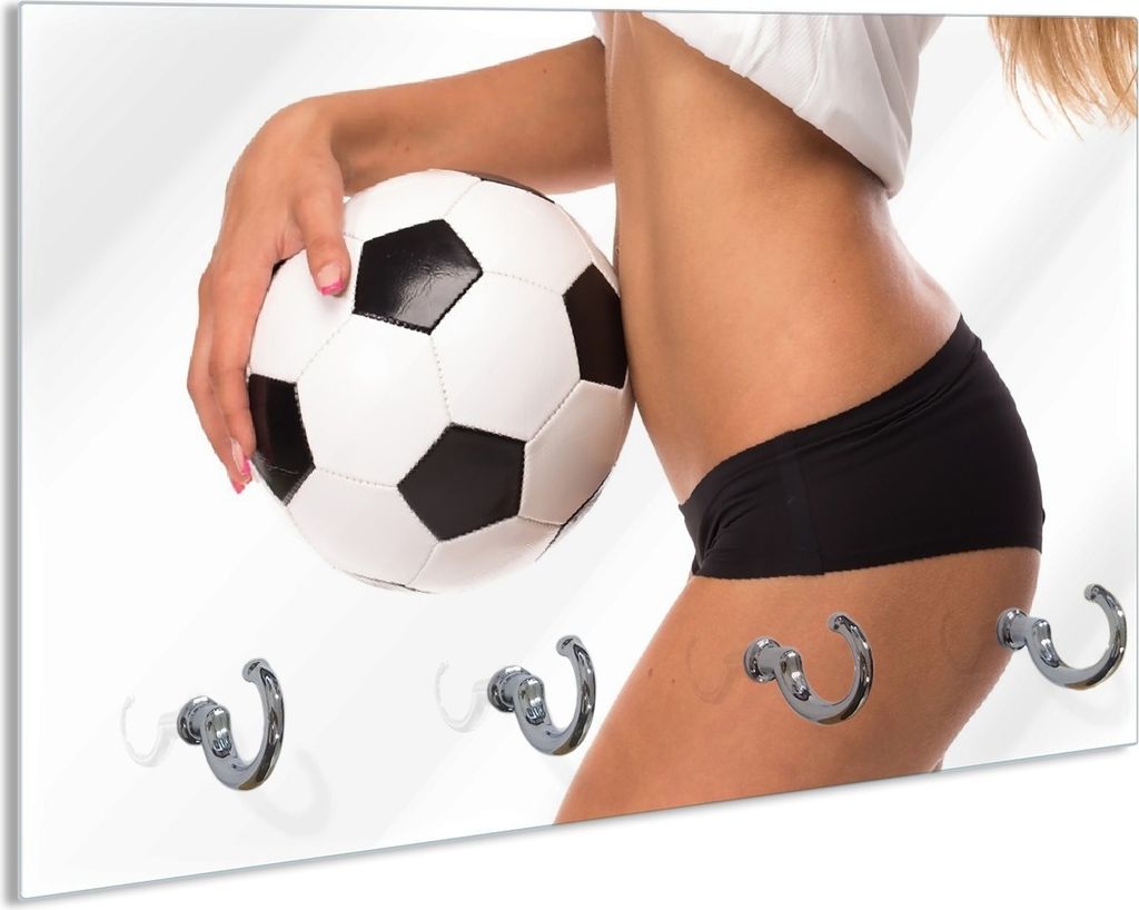 Wallario Handtuchhalter aus Glas, Motiv: Fußball - sexy Frau mit einem Fußball, 30 x 20 cm mit 4 Haken