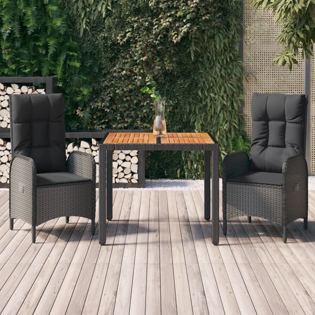 "Rabatt" 3-tlg. Garten-Essgruppe - mit tishe & Stuhl - mit Kissen Schwarz Poly Rattan - Lounge-Dining set CC7938