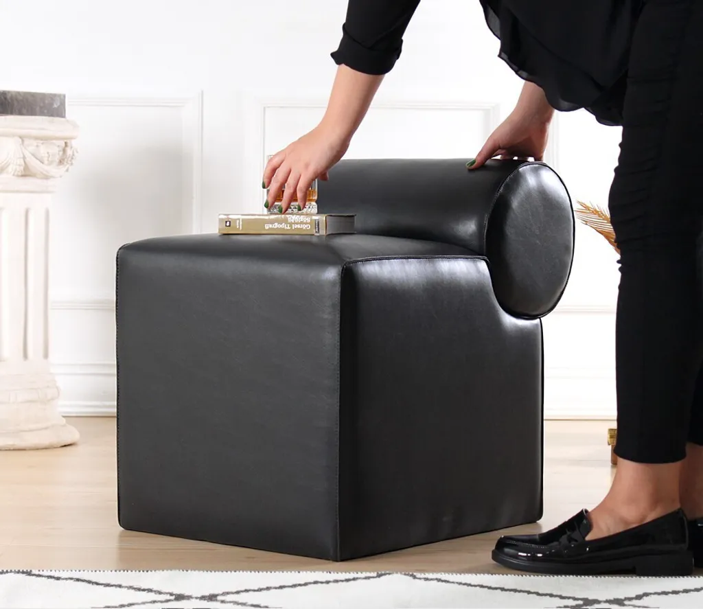 Hanah Home Rohin Deri Pouf Noir en Cuir Synthétique - 45 x 60 x 56 cm
