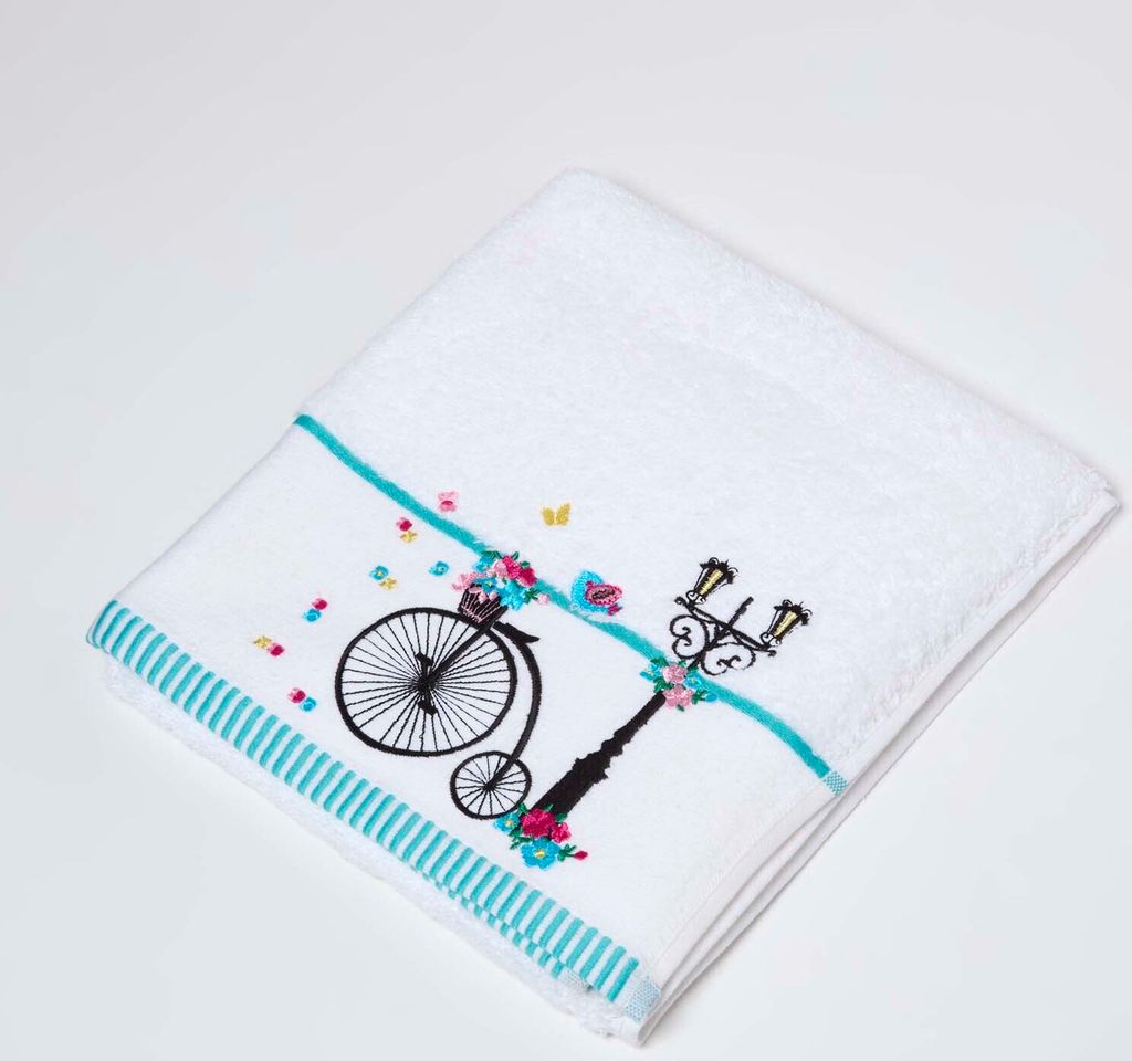 HOMESCAPES Frottee Handtuch mit Bestickung Vintage Hochrad 50x80cm – weiß