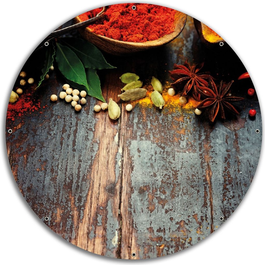 Wallario rundes Outdoor-Poster für Garten oder Balkon, Motiv Gewürze auf Holz - uriger Holztisch in der Küche, 60 cm Durchmesser