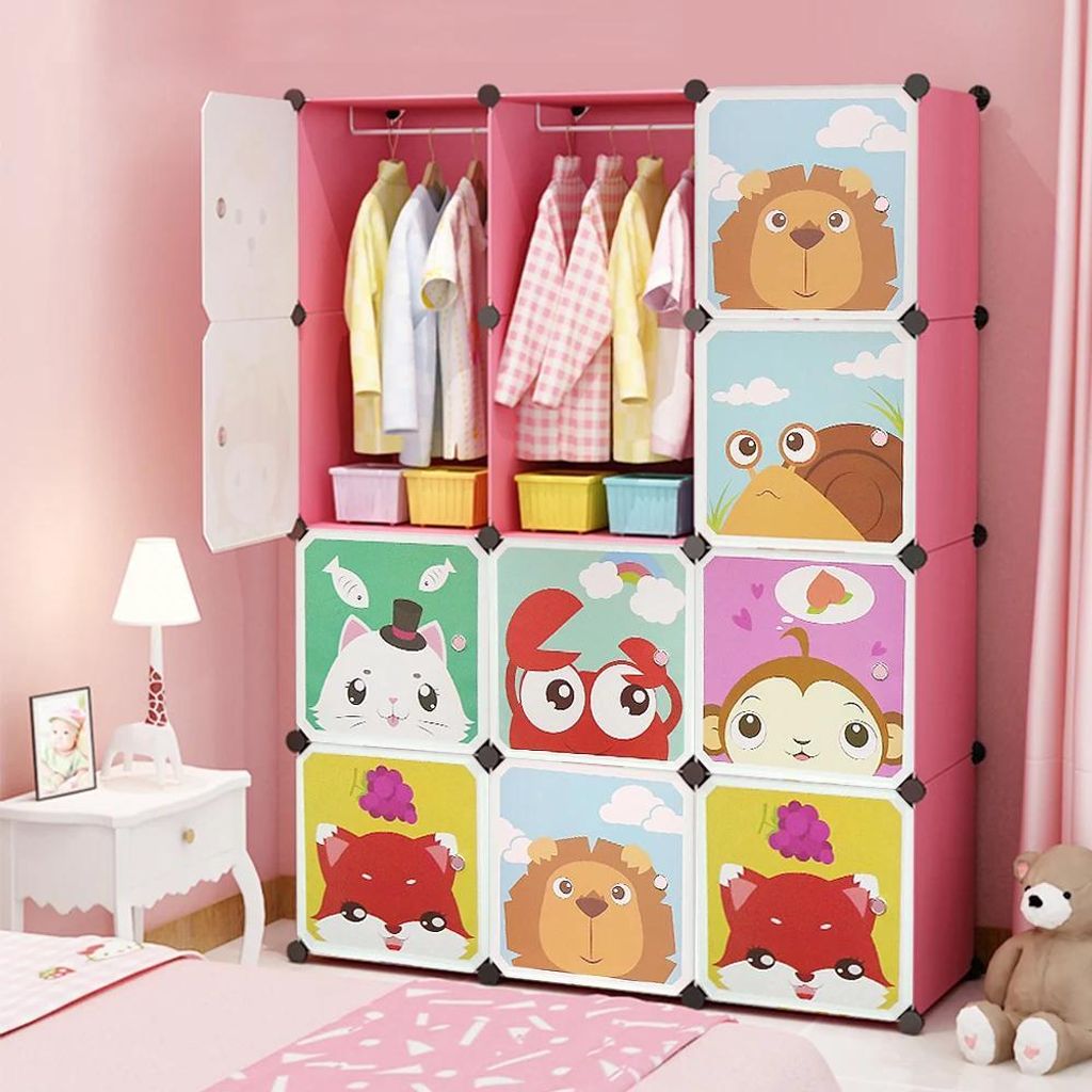 Modulares Würfelregal - Kleiderschrank für Kinder - 12 Fächer - Kunststoff mit Metallrahmen - Für Kleidung, Schuhe, Spielzeug - Zum Selbstaufba...