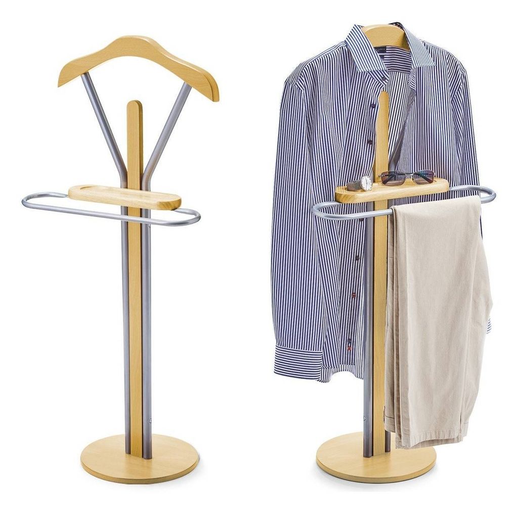 Two valet stands shown against a white background. One is empty, and the other is holding a shirt and pants.