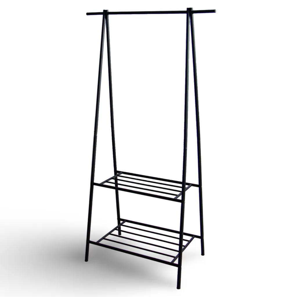 Portemanteau 85x42x158cm en métal noir avec 2 étagères de rangement