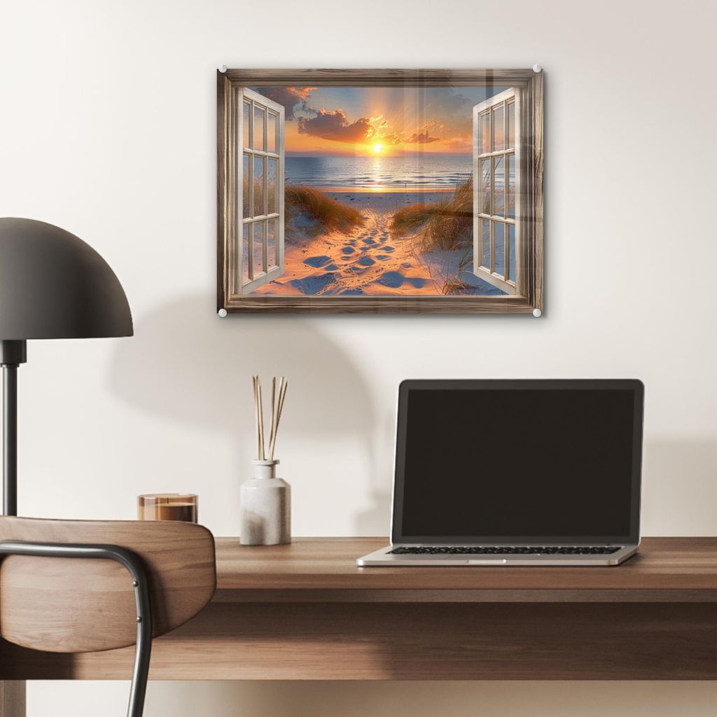 MuchoWow Glasbilder - Bilder auf Wandbild - Foto auf Glas Durchblick - Strand - Dünen - Sonnenuntergang 40x30 cm Wanddekoration aus Glas - Acrylgl...