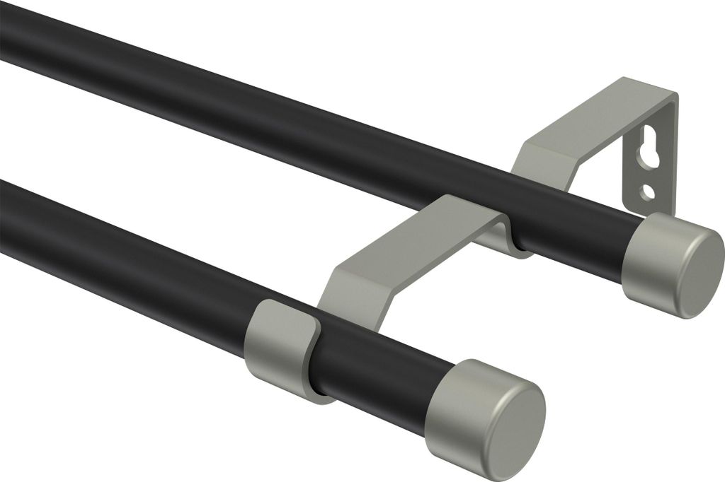 Interdeco Gardinenstange / Vorhangstange Schwarz / Chrom matt, Typ Olymp Lucan (Kappe), 16 mm Ø 2-läufig, 320 cm