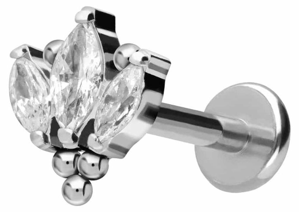 Ohrpiercing, Nasenpiercing Titan Labret mit Push Fit LOTUSBLÜTE + KUGELN Silber Stablänge: 10mm | Stabstärke: 1,2mm