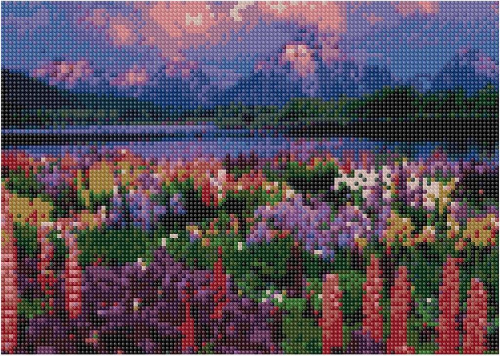 Diamantmosaik, Stickerei 30x40 Berglandschaft, Fluss und Blumenwiese Flamingolinie