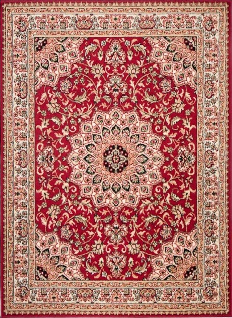 A top-down view of a red oriental rug with intricate patterns.