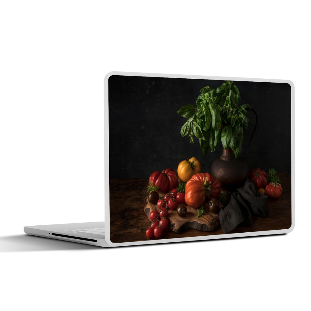 MuchoWow Laptop Aufkleber Sticker Cover Stilleben - Tomaten - Basilikum - Gemälde - Gemüse - Schwarz 31x22.5 cm - Laptop-Deko