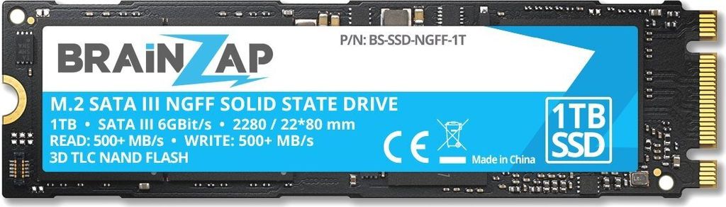 BRAINZAP 1TB 1000GB M.2 NGFF SATA III SSD 6 GBit/s - 550MB/s Lesen 500MB/s Schreiben Solid State Drive