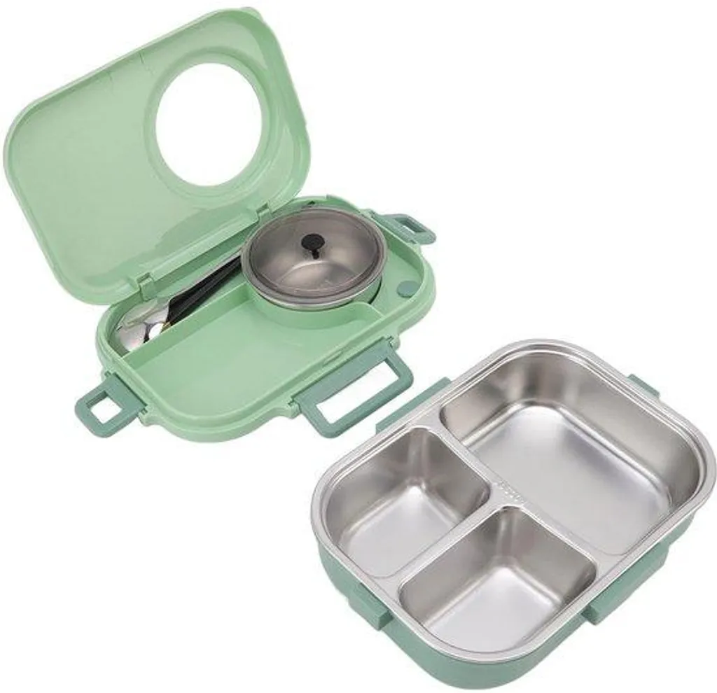 Boîte à lunch isotherme 3 compartiments avec couverts, verte 1200ml