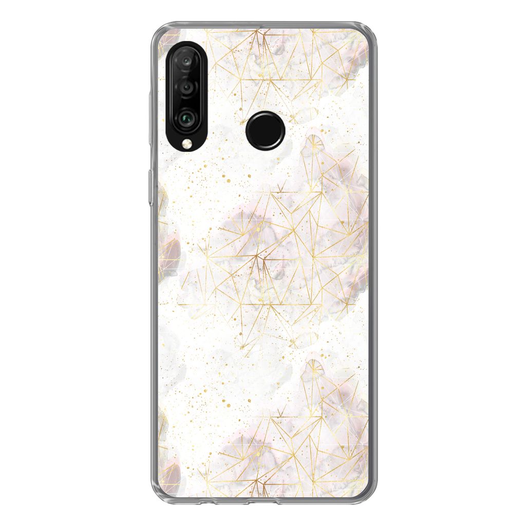 MuchoWow Handyhülle Schutzhülle Hülle für Huawei P30 Lite Marmor - Geometrie - Gold Silikon Softcase Handy Hülle - Handyhülle