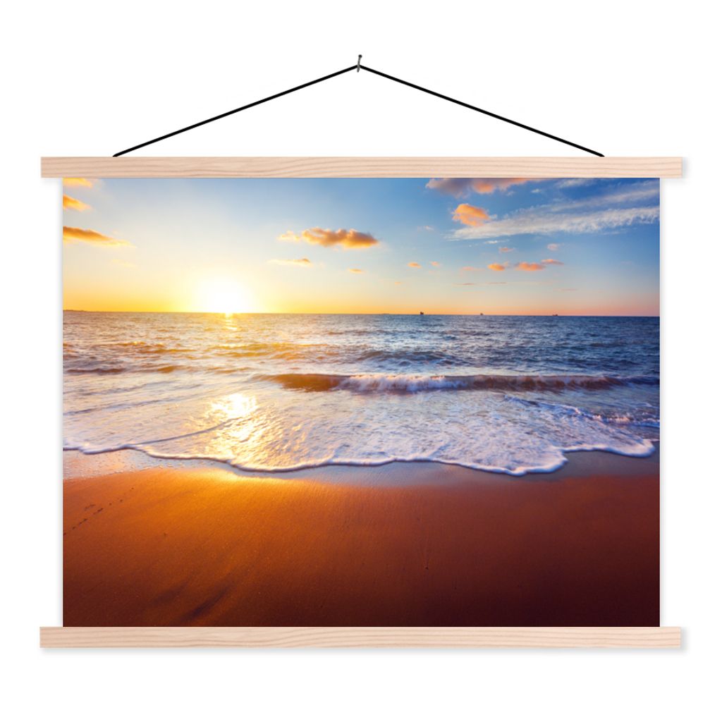 MuchoWow Textilposter Strand - Meer - Sonne - Horizont 60x45 cm mit holzfarbenen Rahmen - Bild