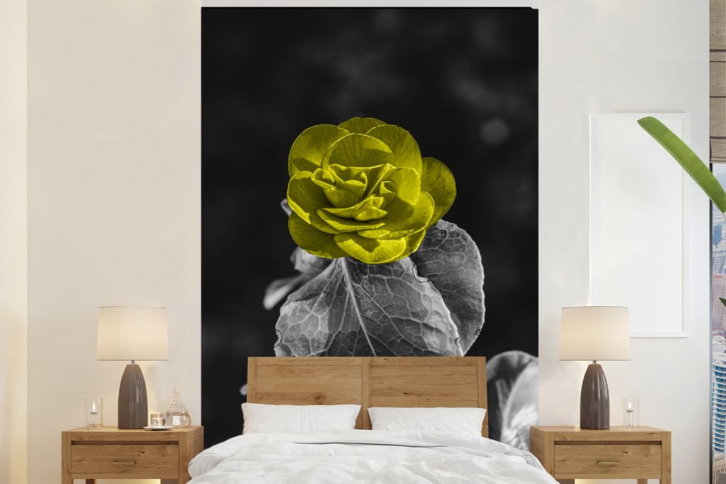 MuchoWow Fototapete für Wohnzimmer oder Schlafzimmer Wandtapete Vinyl Motivtapete Blumen - Rose - Gelb - Schwarz - Weiß - 170x260 cm - Wohnzimm...