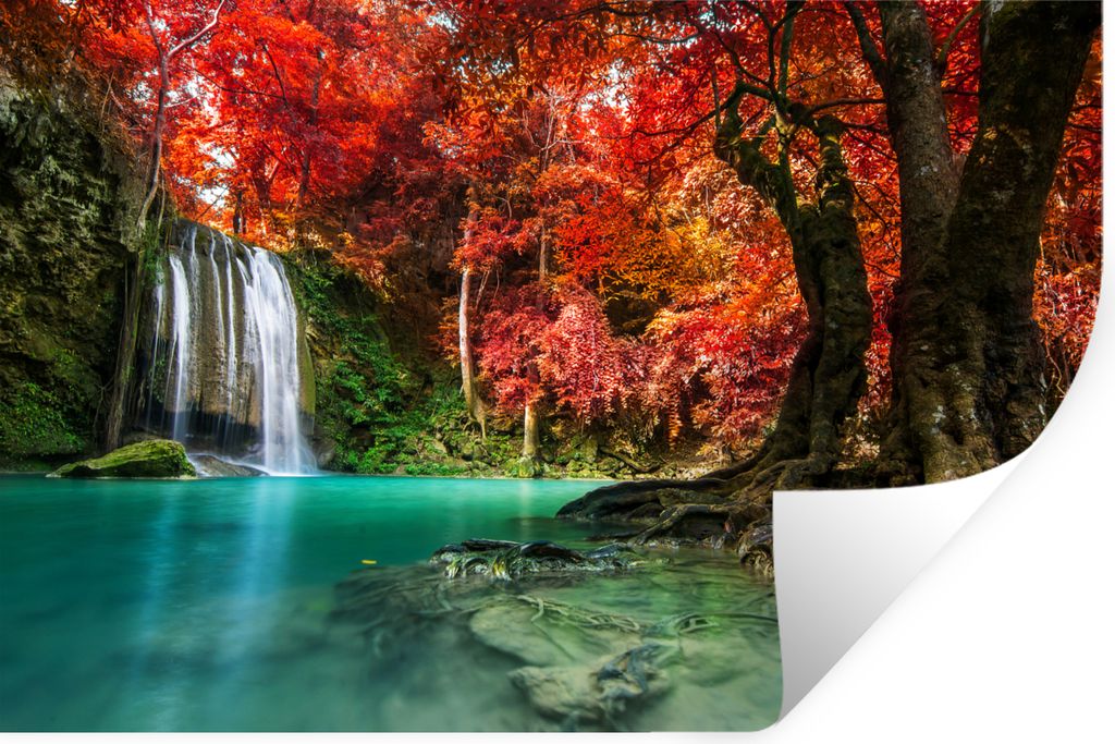 MuchoWow Wandtattoo Wandsticker Wandaufkleber Wasserfall - Baum - Rot - Herbst - Wasser 30x20 cm Selbstklebend und Repositionierbar - Wierderverw...