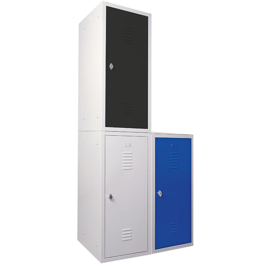 3 Schließfachschränke, HxBxT 900x415x490 mm, Korpus grau Tür grau/blau/schwarz