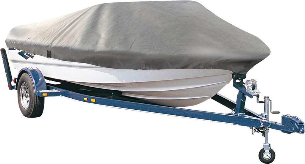 A boat covered with a gray tarp, resting on a blue trailer.