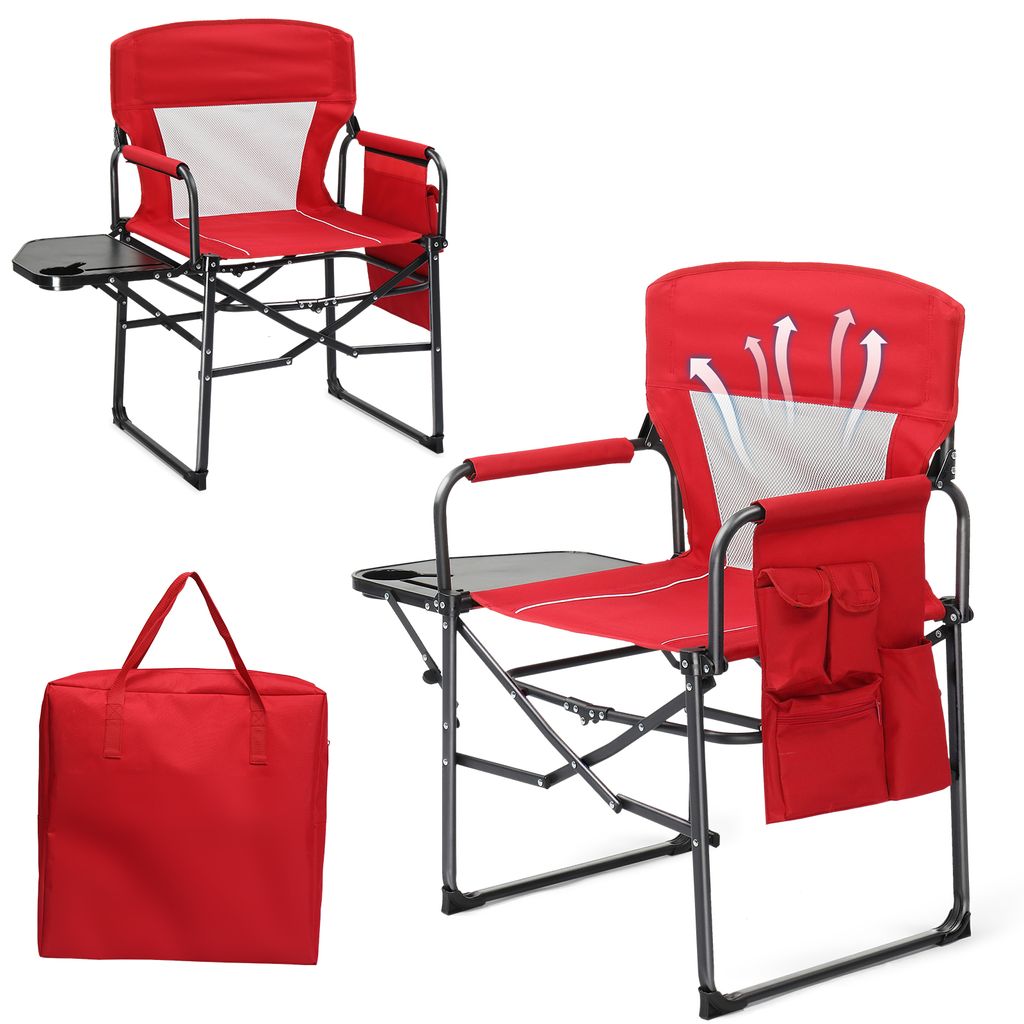FCH Klappbar Campingstuhl mit Rückenlehne, Seitentaschen, Faltbarer Gartenstuhl Klappstuhl Metallrahmen Strandstuhl ,Rot