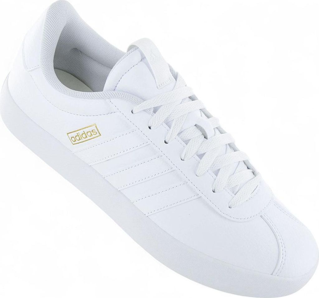 A white Adidas VL Court 3.0 sneaker is shown from a slightly elevated side angle against a white background.