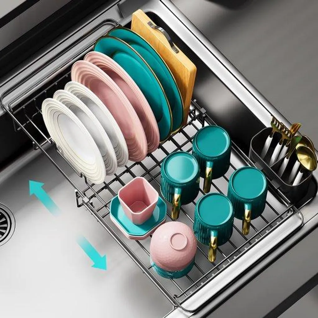 Égouttoir de cuisine réglable en inox 304 avec support vaisselle robuste