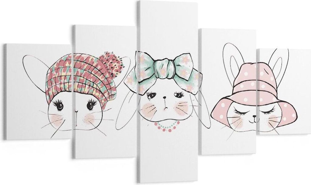 Bild auf Leinwand - Leinwandbild - Bunnys Hüte Illustration Kinder - 125x70cm - Wand Bild - Wanddeko - Leinwanddruck - Bilder - Kunstdruck - Leinw...