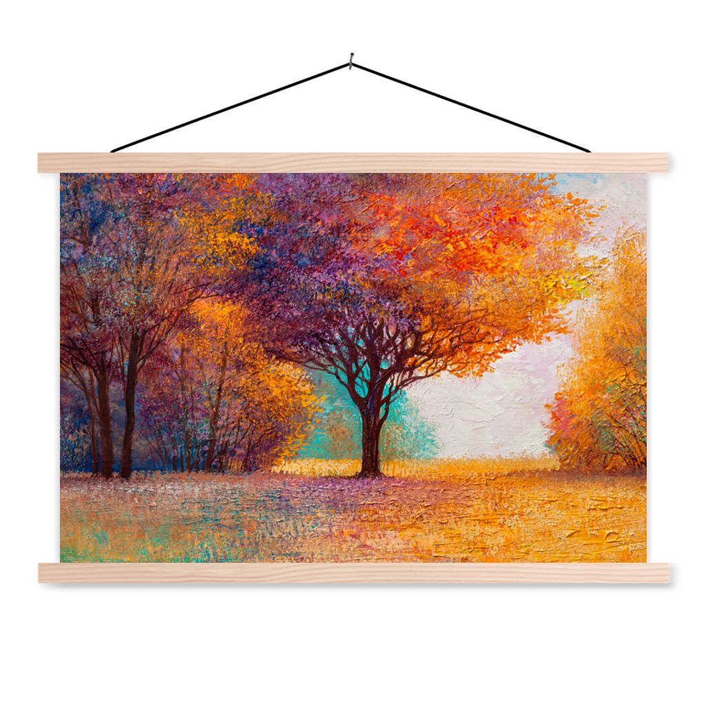 MuchoWow Textilposter Ölgemälde - Baum - Farben 120x80 cm mit holzfarbenen Rahmen - Aufhängeset