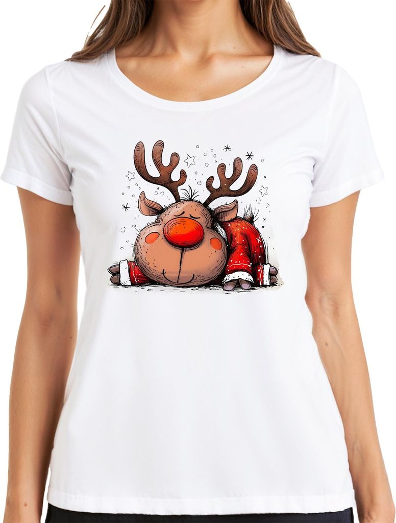 Rudolph Rentier schlafend rote Nase Weihnachten Geschenk Retro Damen T-Shirt, Weiß, M