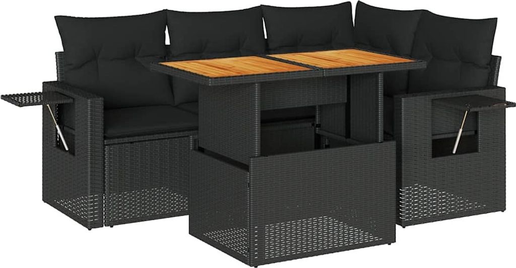vidaXL 5-tlg. Garten-Sofagarnitur mit Kissen Schwarz Poly Rattan