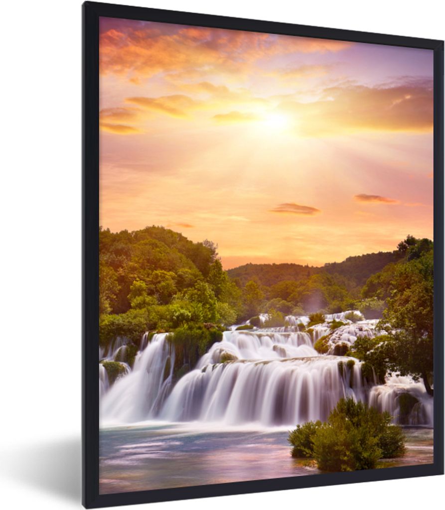 MuchoWow Gerahmtes Poster Wasserfall - Landschaft - Sonne - Wolken - Sonnenuntergang 60x80 cm - Poster mit Schwarzem Bilderrahmen Wandposter Rahm...