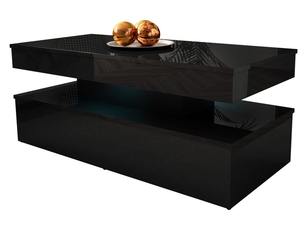 A modern black coffee table with a glossy finish and LED lighting.