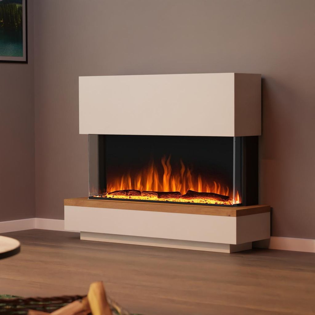 Garlivo Elektrokamin 'Napoli 42 Weiss/ Eiche ' | LED Standkamin in weiss mit Heizung (1500 W) | HxBxT: 100x126x35cm