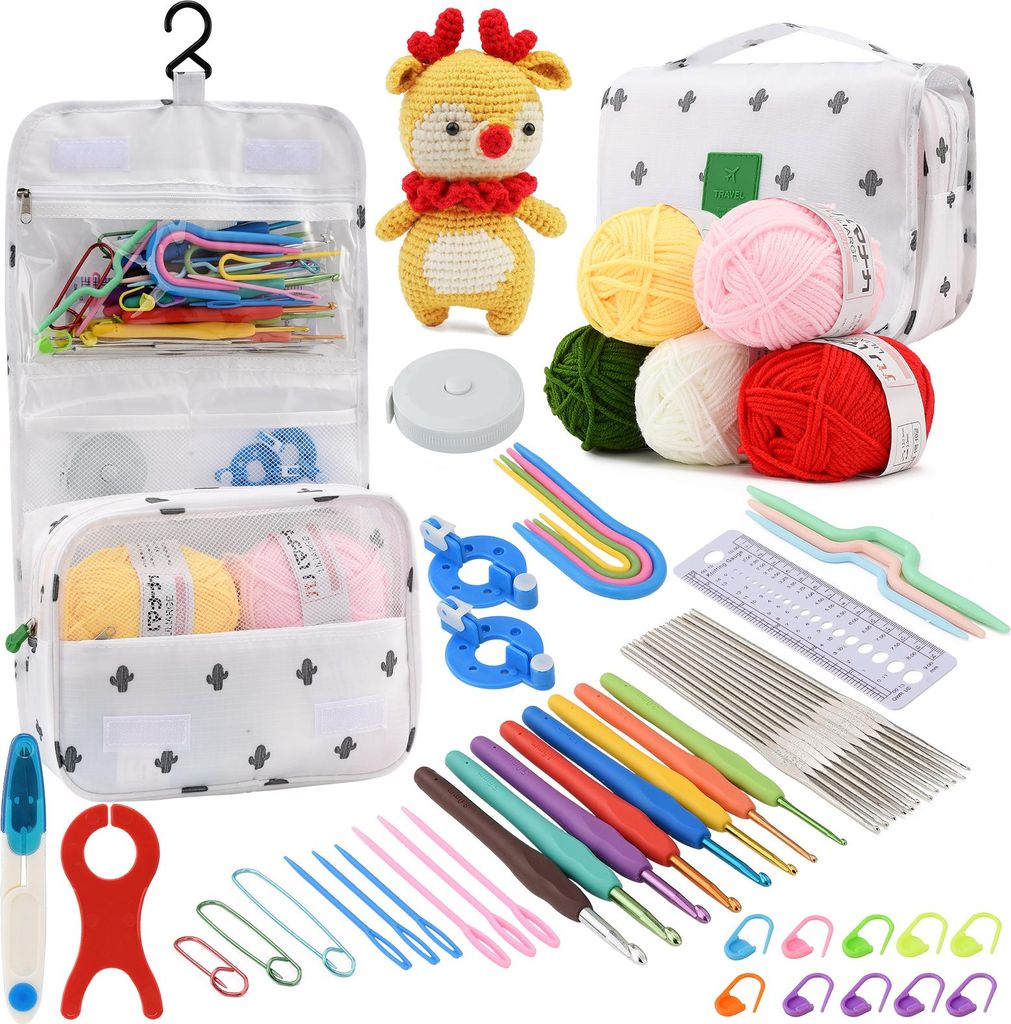 UnboxG 59-teiliges Häkelset mit Aufbewahrungstasche – Komplettes DIY Häkel- & Strickzubehör, Ergonomische Häkelnadeln Set für Anfänger und ...