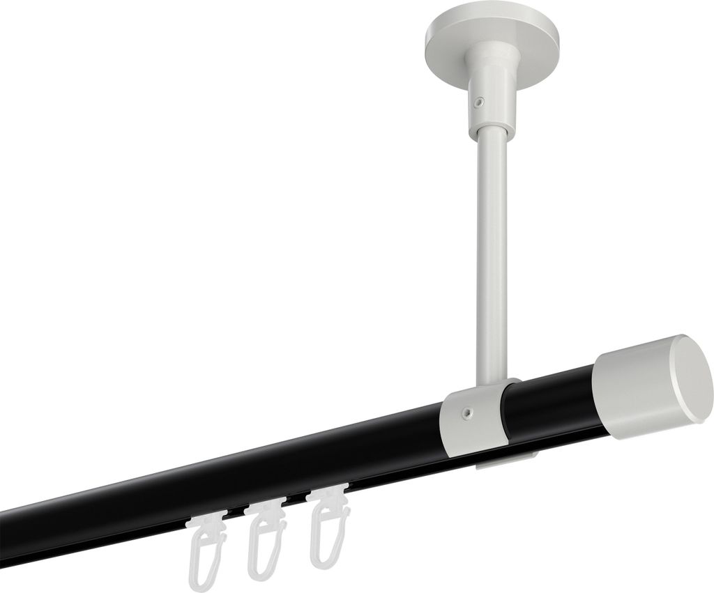 Interdeco Innenlaufstange / Gardinenstange mit Innenlauf Schwarz / Weiß, Typ Sonette Santo (Kappe) Deckenmontage, 20 mm Ø 1-läufig, 280 cm