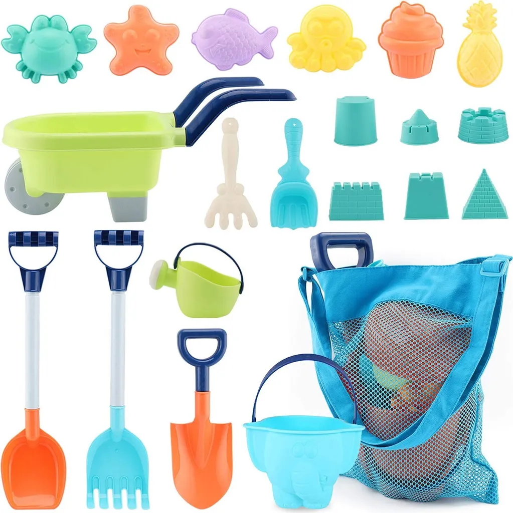 Set jouets de plage anti-sable : 20 pièces souples avec sac filet malin