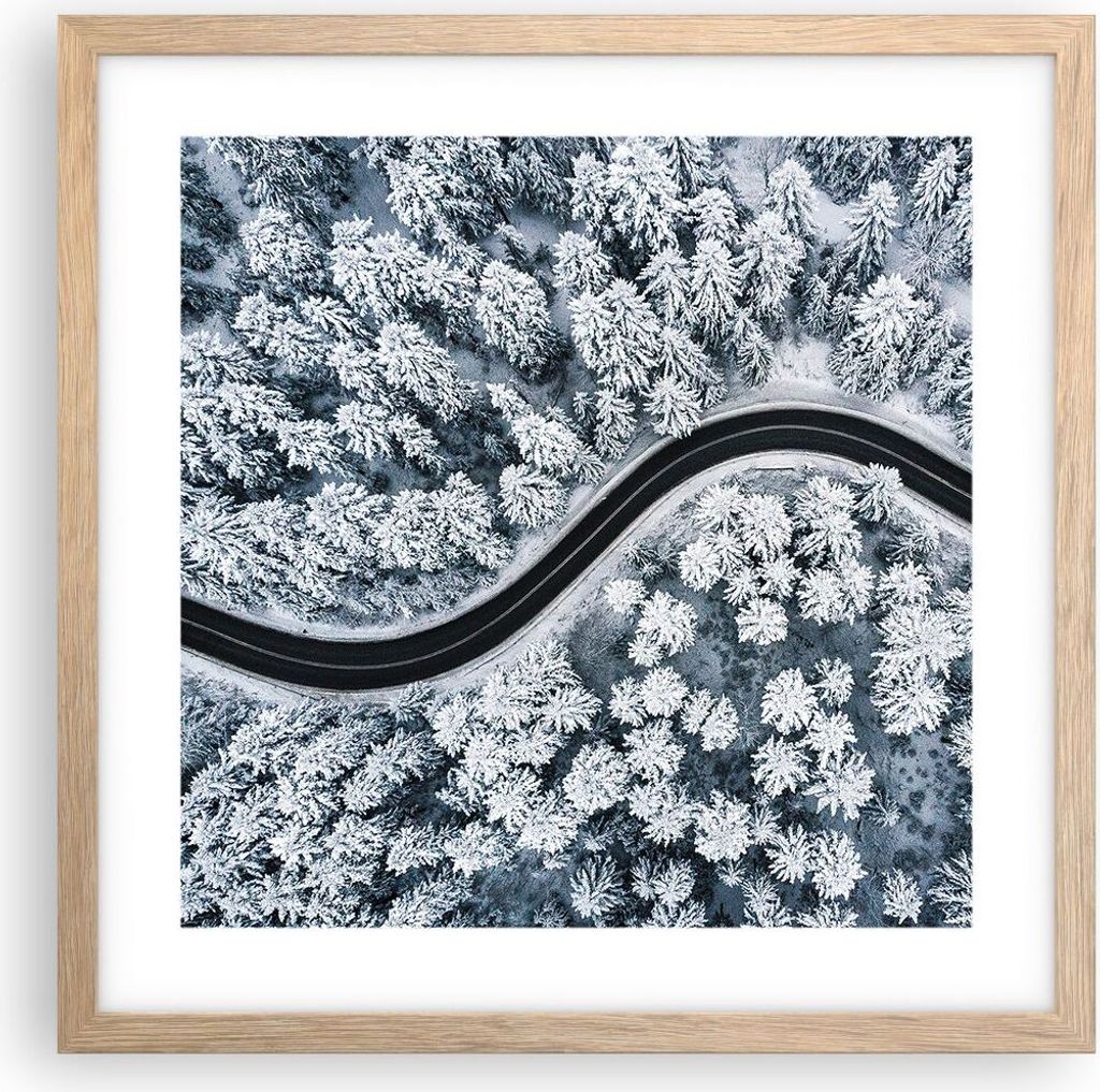 Gerahmtes Poster - Rahmen in heller Eiche - Wald Winter Straße - 40x40 cm - Wand Bild - Wanddeko - Wandbilder - Kunstposter - Wandposter - Bilderr...