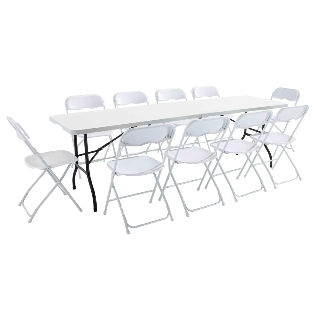 Table de réception pliante pour 10 personnes et chaises de jardin