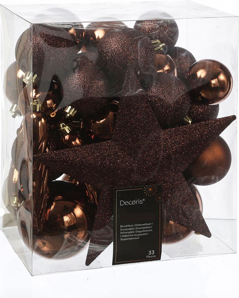 Christbaumkugeln - Weihnachtsbaumkugeln mit Stern Baumspitze - bruchfest - braun - 33er Set