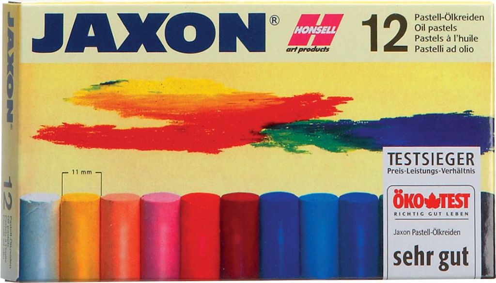 A box of Jaxon oil pastels with a colorful smear of paint on the front.