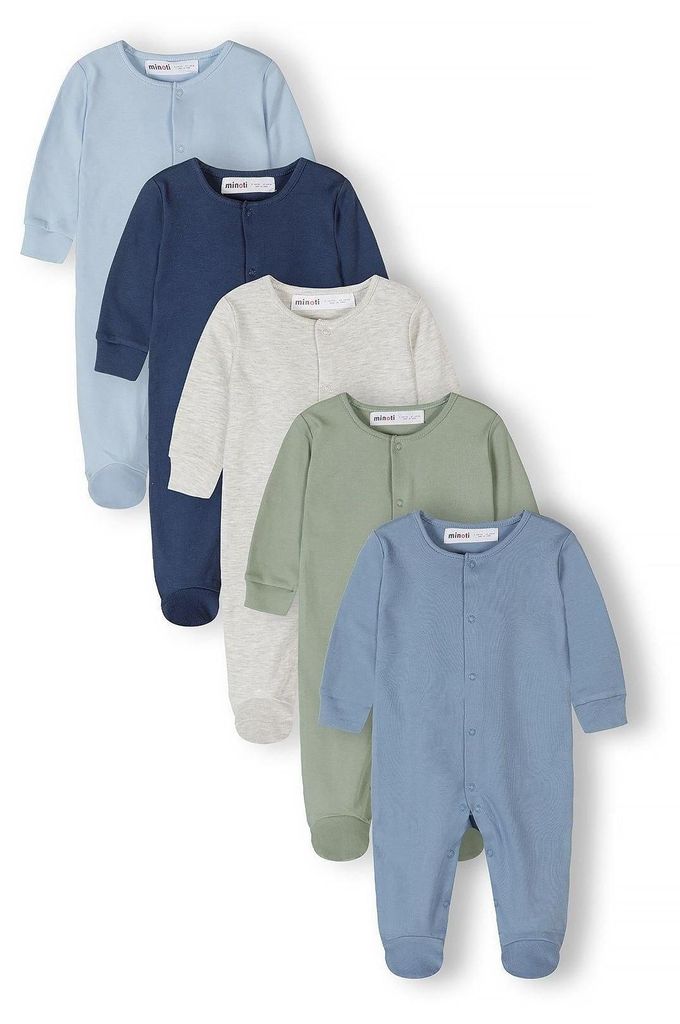 Minoti Baby Jungen Strampler 5er Pack 100% Baumwolle blau - Langarm Body Set mit Druckknöpfen für Neugeborene