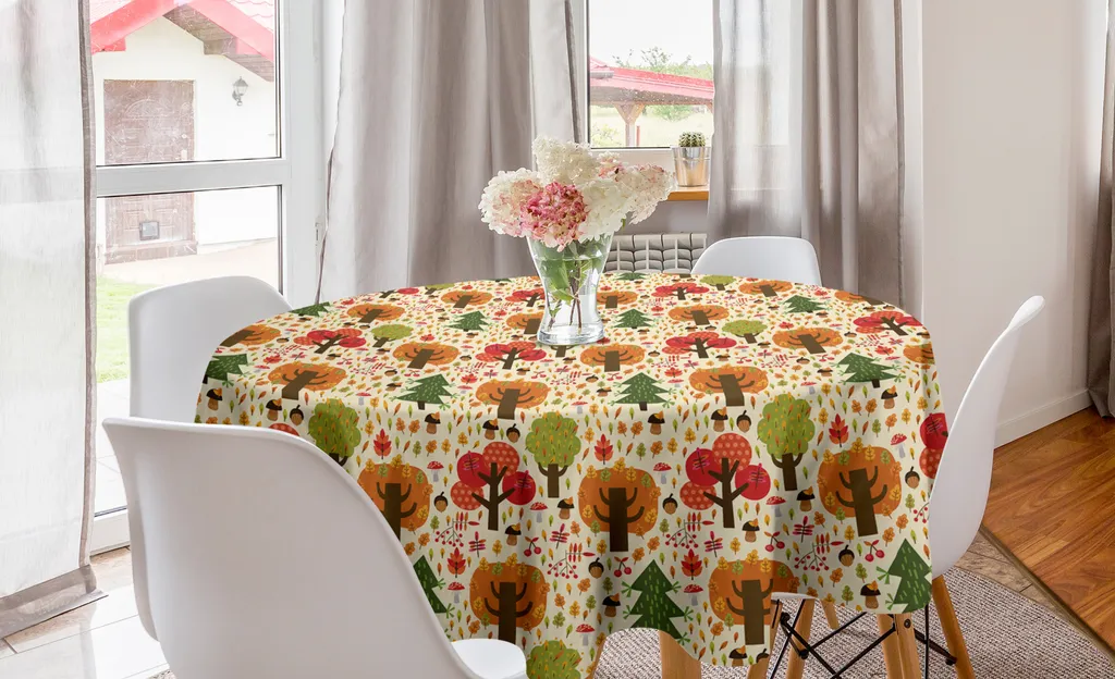ABAKUHAUS Tovaglia rotonda Wald, Autunno colorato con cartoni animati, Tovaglia circolare per sala da pranzo e cucina, 150 cm, Multicolore