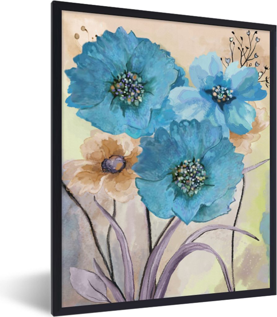MuchoWow Gerahmtes Poster Malerei - Ölfarbe - Collage - Blumen 30x40 cm - Poster mit Schwarzem Bilderrahmen Wandposter Rahmen Foto Bilder - Wand...